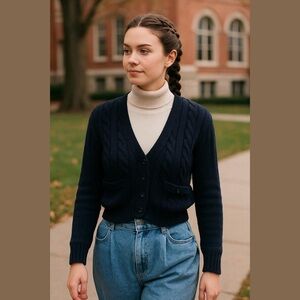 Y2K TOMBOY NAVY CABLE KNIT CROPPED BUTTON FRONT V-NECK CARDIGAN SWEATER SZ M